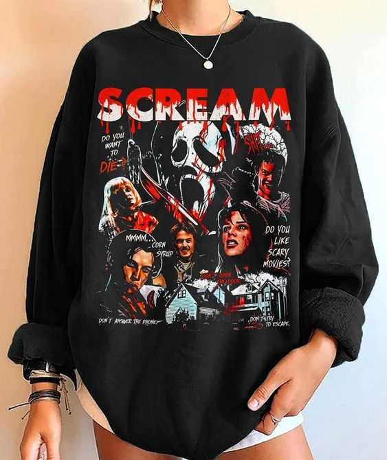 Scream Movie Characters Sweatshirt Horror Movie Fan Shirt Ghostface Billy Loomis Stu Macher Sidney Prescott Halloween Sweater